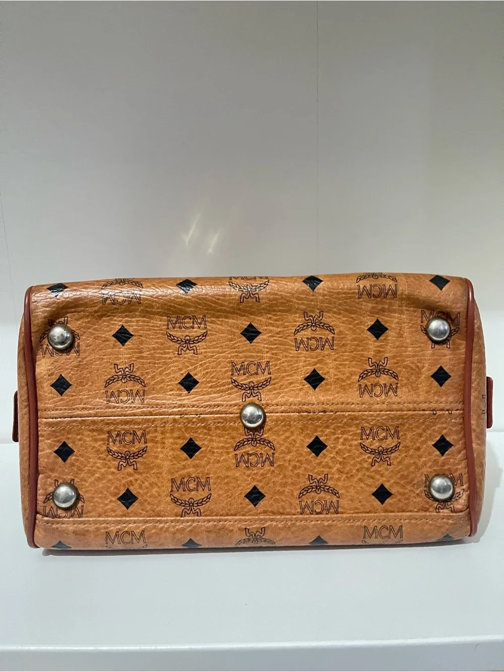 MCM Cognac Logo Visetos Satchel with Brown Leather Trim